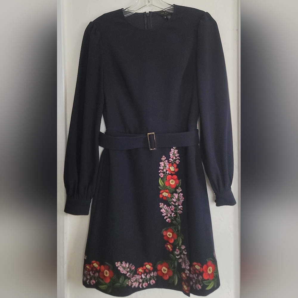 Ted Baker London Silia Kirstenbosch Embroidered Dress Blue Belt Long Sleeve XS - Picture 4 of 16